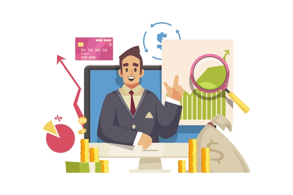 Video blogger composition with desktop computer and human character surrounded by financial icons and signs vector illustration