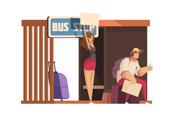 Hitchhiking autostop composition with doodle characters of hitch hiking tourists at bus stop vector illustration