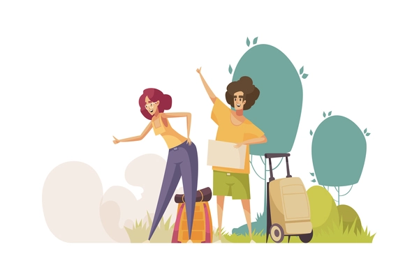 Hitchhiking autostop composition with pair of tourists with suitcases catching car on the roadside vector illustration