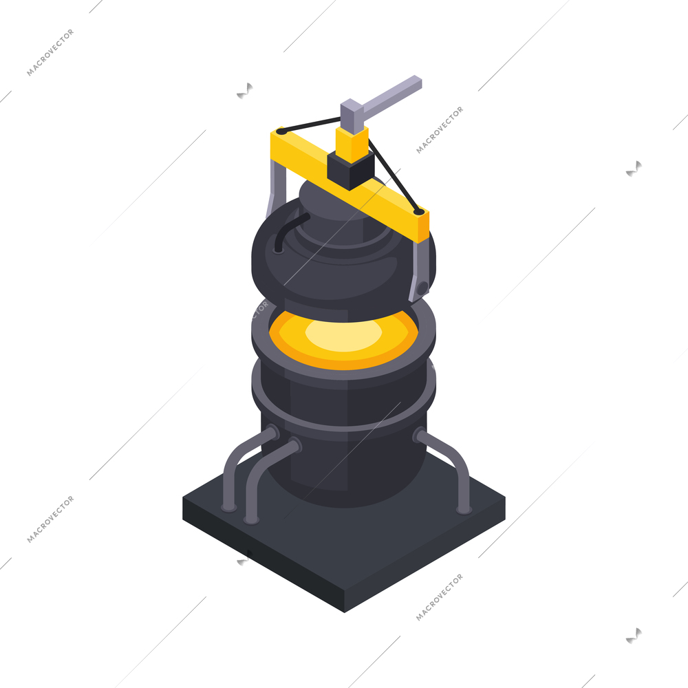 Metal industry metalworking isometric composition with isolated image of tank with liquid steel vector illustration