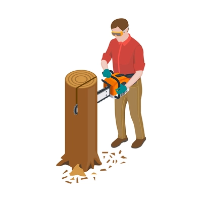 Sawmill timber mill lumberjack isometric composition with human character of man cutting tree trunk with chain saw vector illustration
