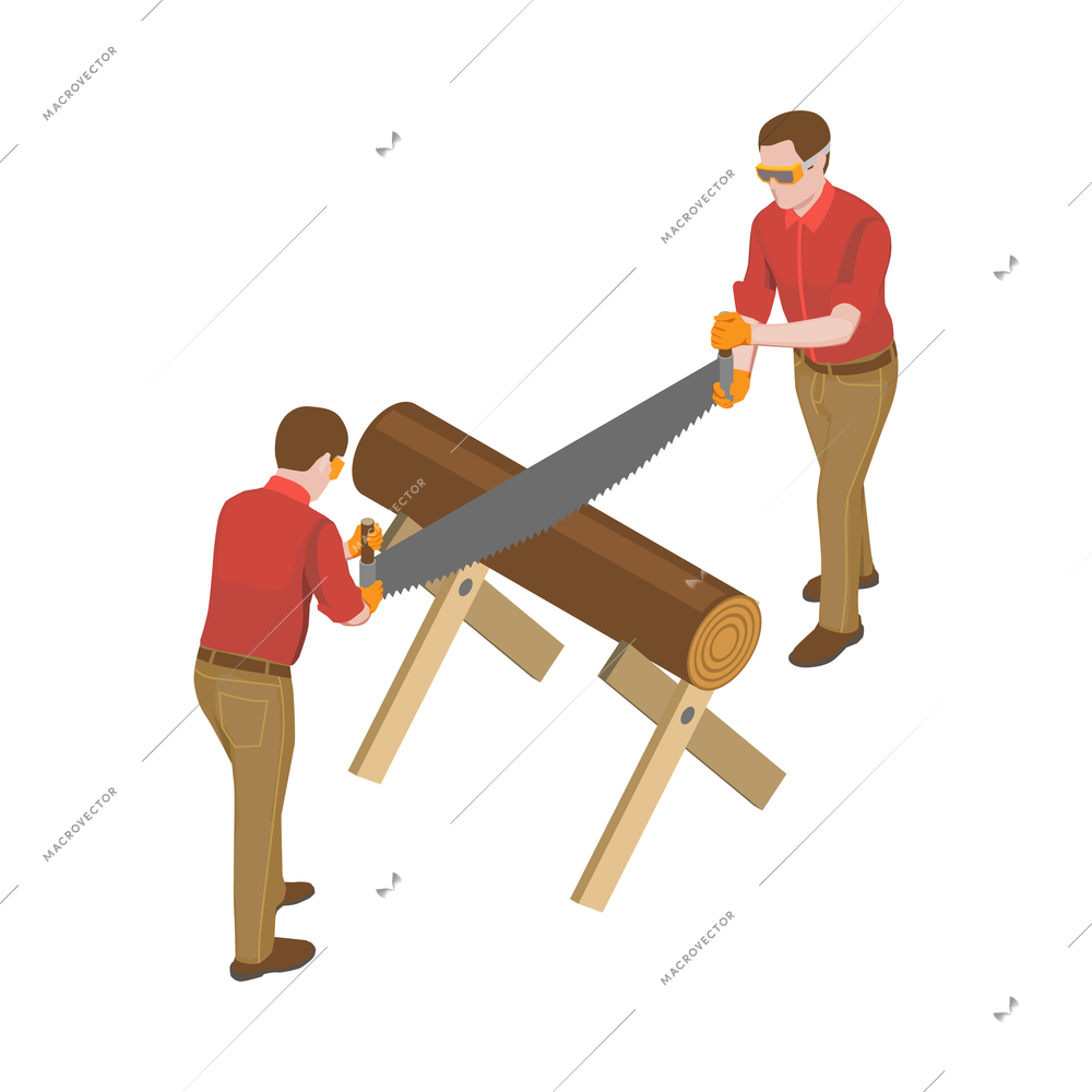 Sawmill timber mill lumberjack isometric composition with two men cutting tree trunk with big saw vector illustration