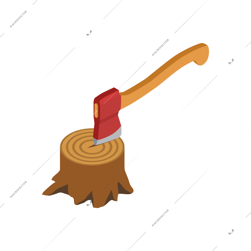 Sawmill timber mill lumberjack isometric composition with isolated image of stub with axe vector illustration