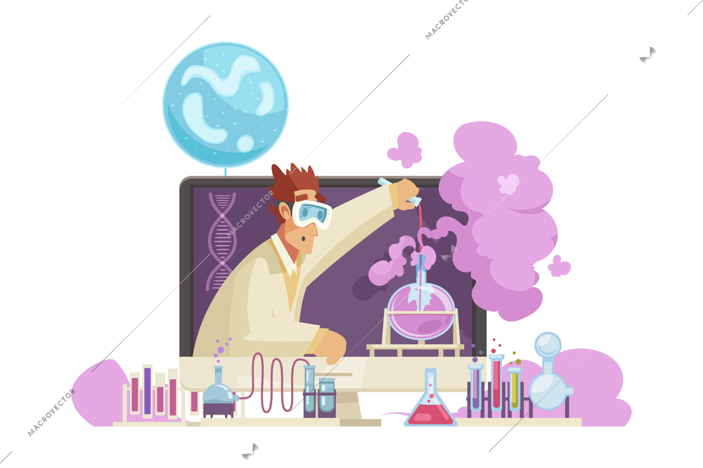 Video blogger composition with desktop computer and human character surrounded by scientific icons and signs vector illustration