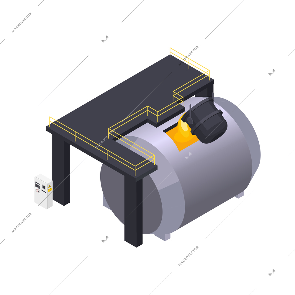 Metal industry metalworking isometric composition with view of high platform with bucket pouring liquid metal into tank vector illustration