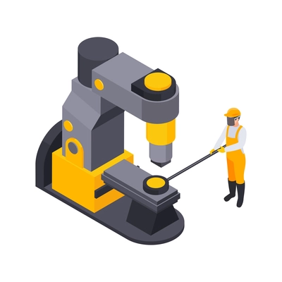 Metal industry metalworking isometric composition with character of factory worker welding steel in pot vector illustration