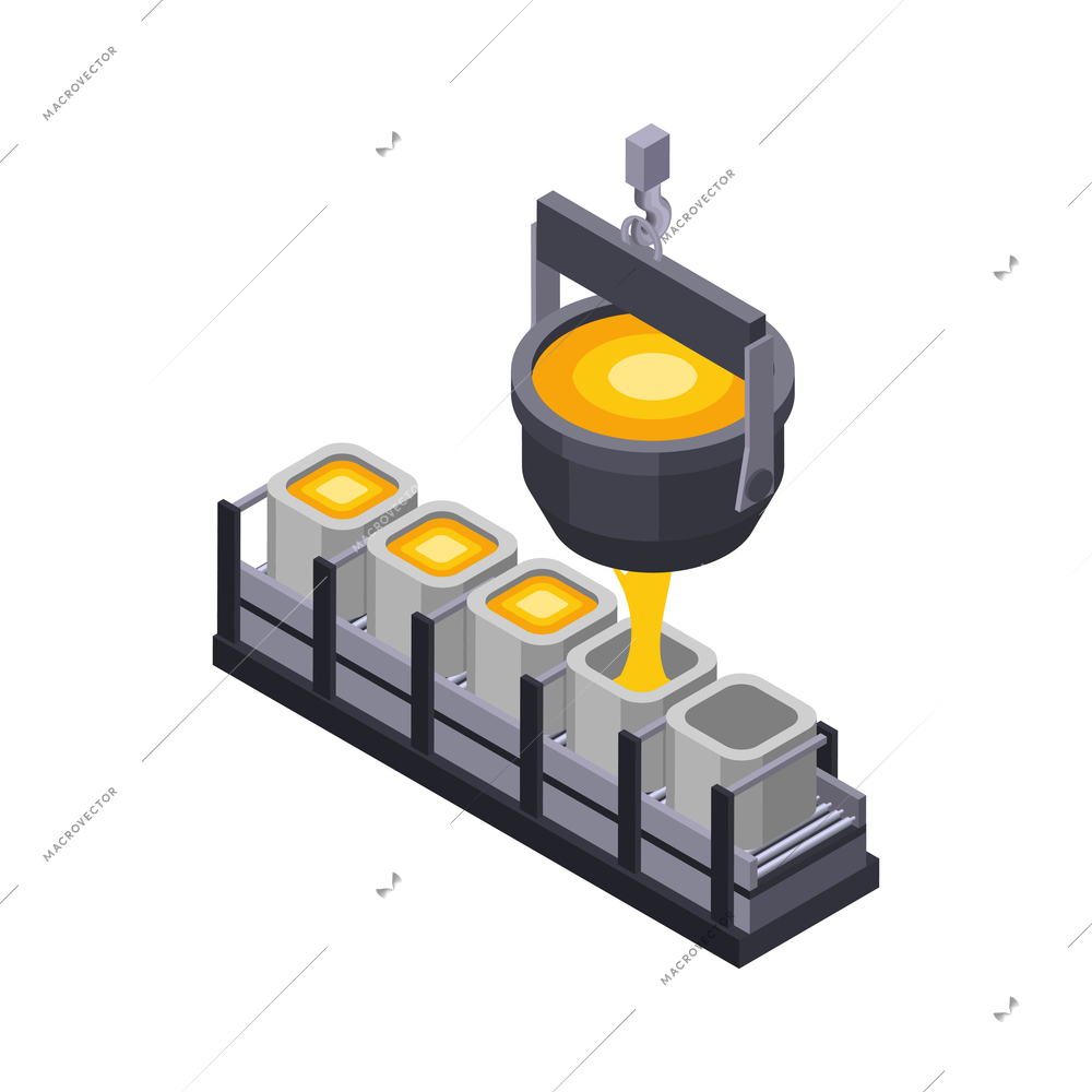 Metal industry metalworking isometric composition with isolated image of big bucket pouring liquid steel in pots vector illustration