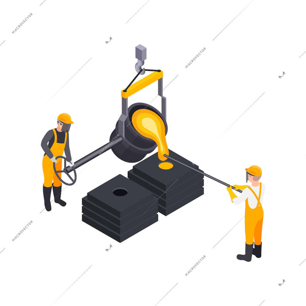 Metal industry metalworking isometric composition with isolated image of steel bucket with two workers vector illustration