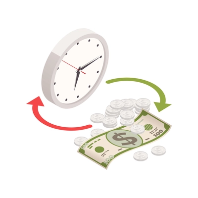 Wealth management isometric composition with images of clock and money cash with exchange conversion arrows vector illustration