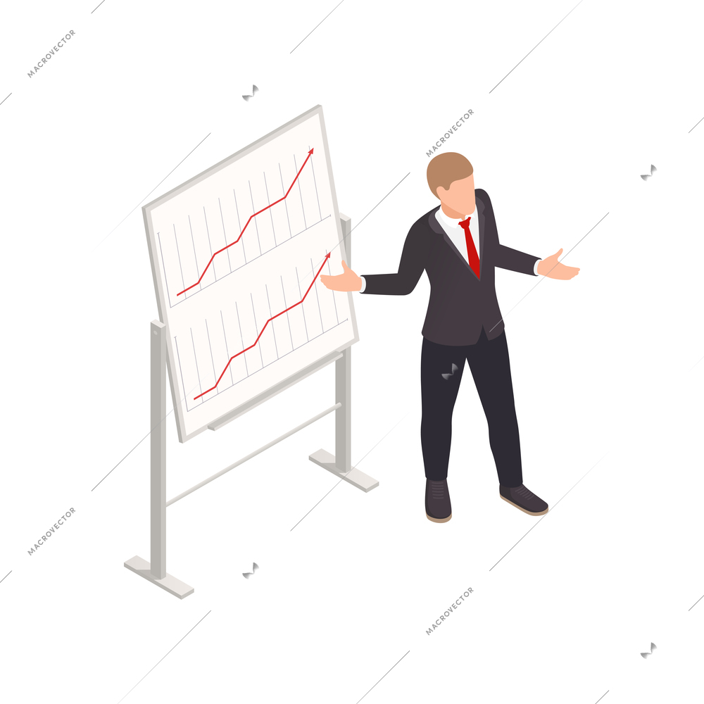 Wealth management isometric composition with character of office worker and easel with growth graphs vector illustration