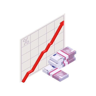 Wealth management isometric composition with images of cash stacks and graph with upward arrow vector illustration