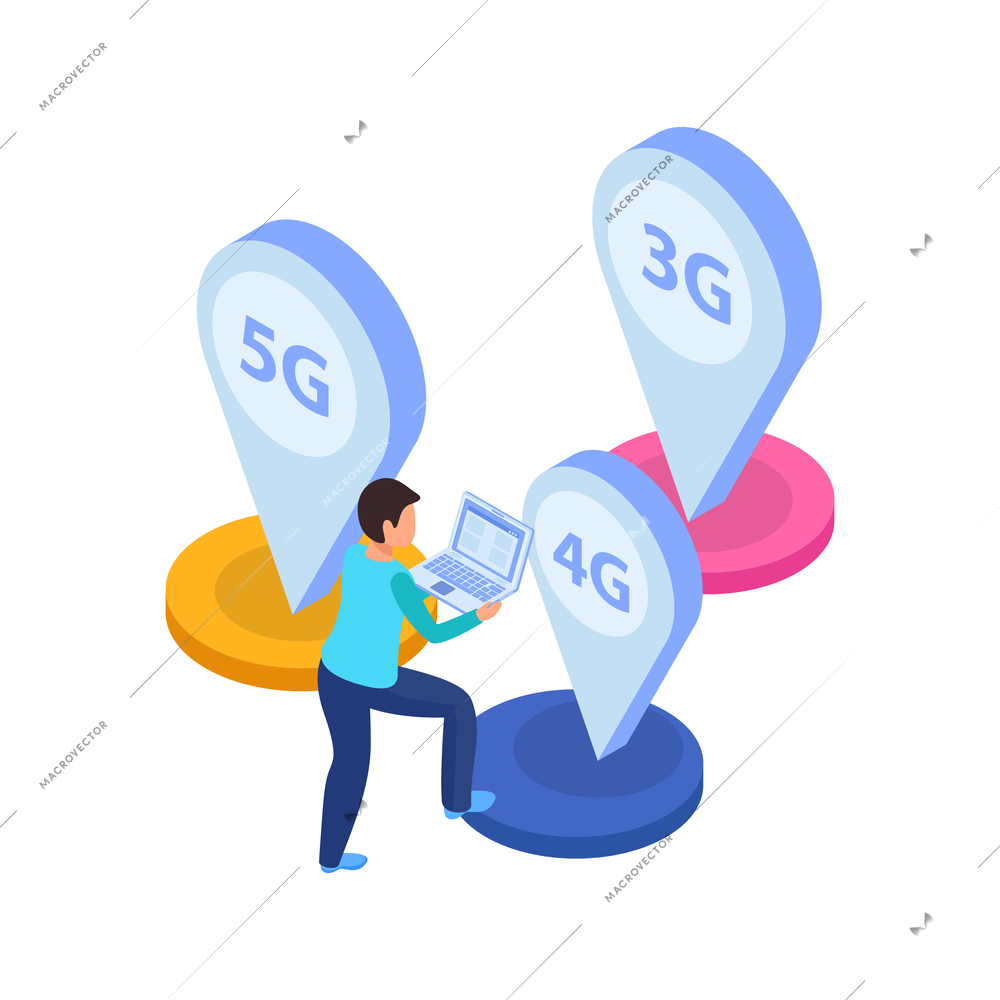 5g internet isometric composition with images of colorful buttons location signs and human character vector illustration