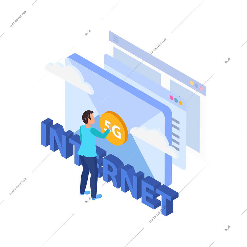 5g internet isometric composition with male character touching 5g button on big envelope screen with text vector illustration