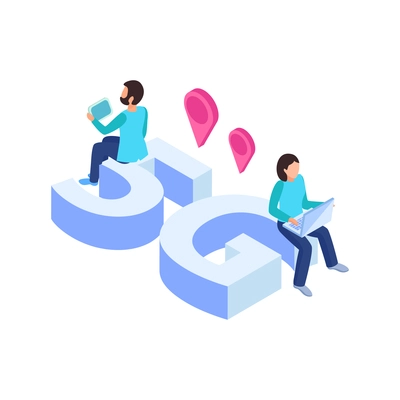 5g internet isometric composition with image of 3d text and people sitting with laptops and location signs vector illustration