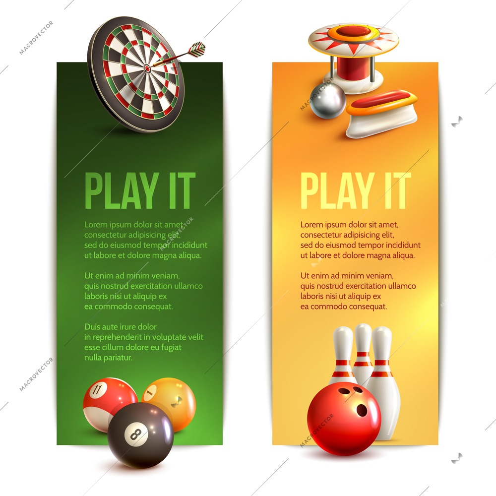 Game realistic vertical banner set with bowling pinball billiard darts isolated vector illustration