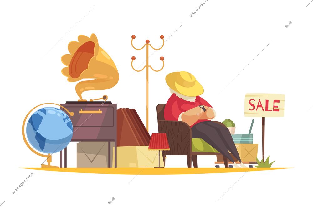 Garage sale composition with character of sleeping person surrounded by old fashioned items for sale vector illustration