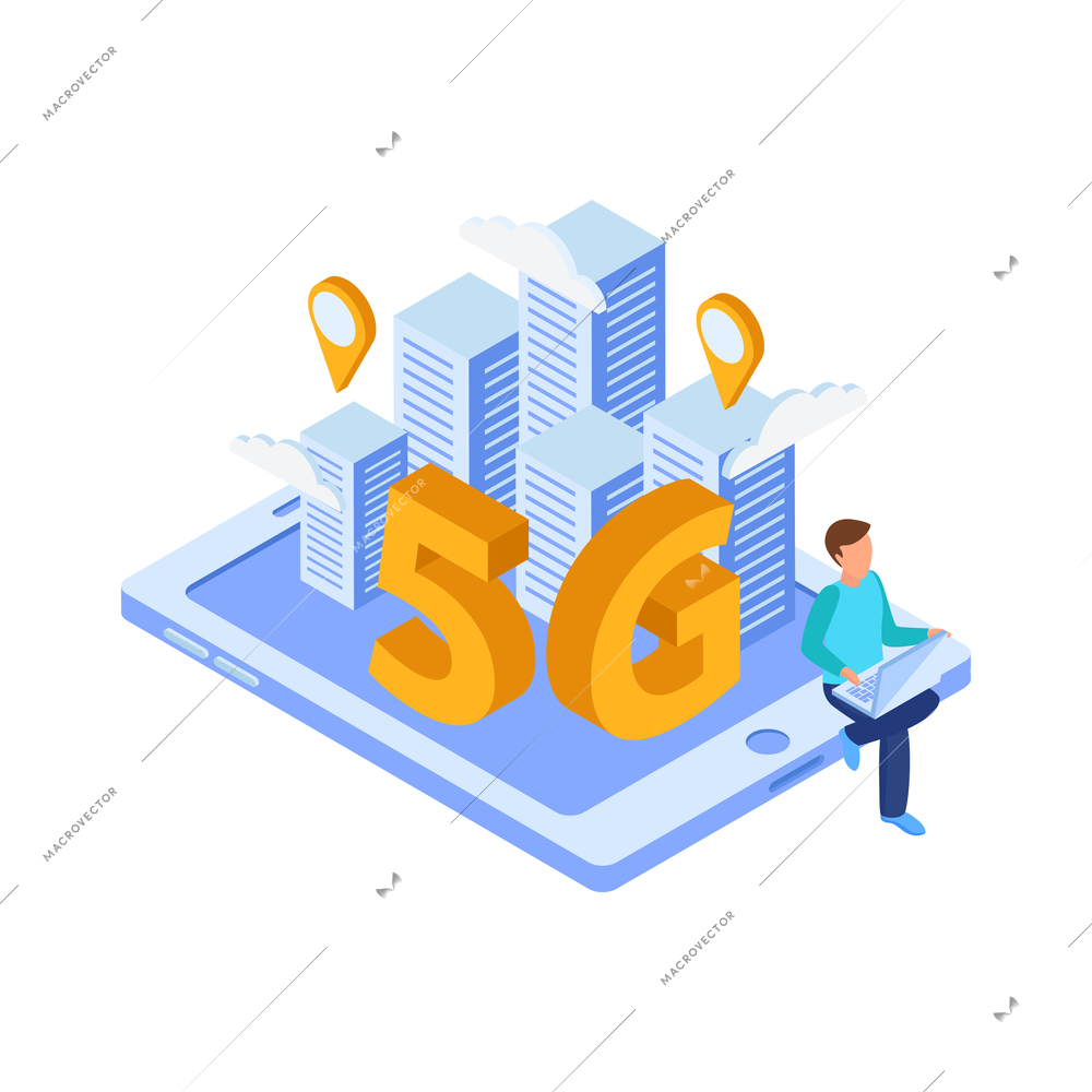 5g internet isometric composition with image of tablet with city buildings on top of screen with location signs vector illustration