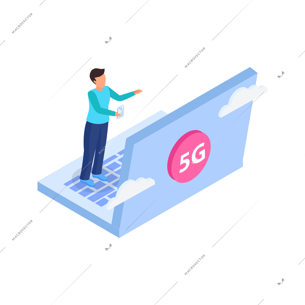 5g internet isometric composition with small human character standing on laptop with 5g button vector illustration