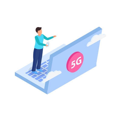 5g internet isometric composition with small human character standing on laptop with 5g button vector illustration