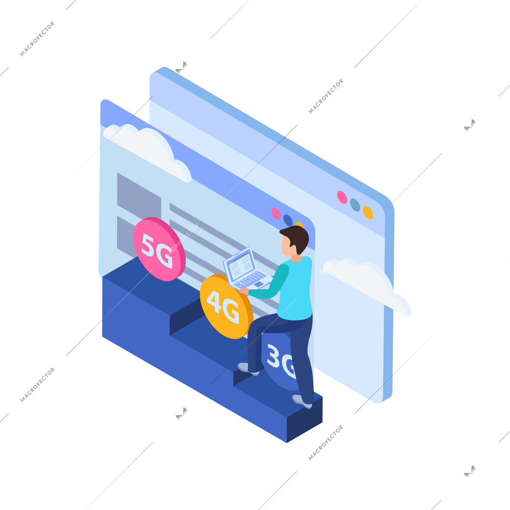 5g internet isometric composition with stairs cellular generations and human character with cloud screens vector illustration