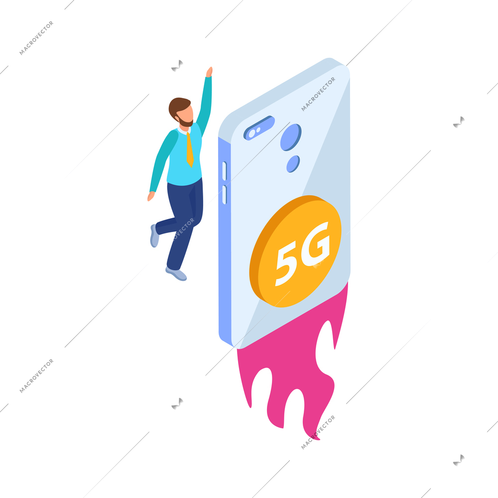 5g internet isometric composition with image of smartphone flying like rocket with flame and jumping man vector illustration