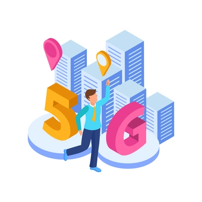 5g internet isometric composition with images of city buildings skyscrapers with colorful location signs and running man vector illustration