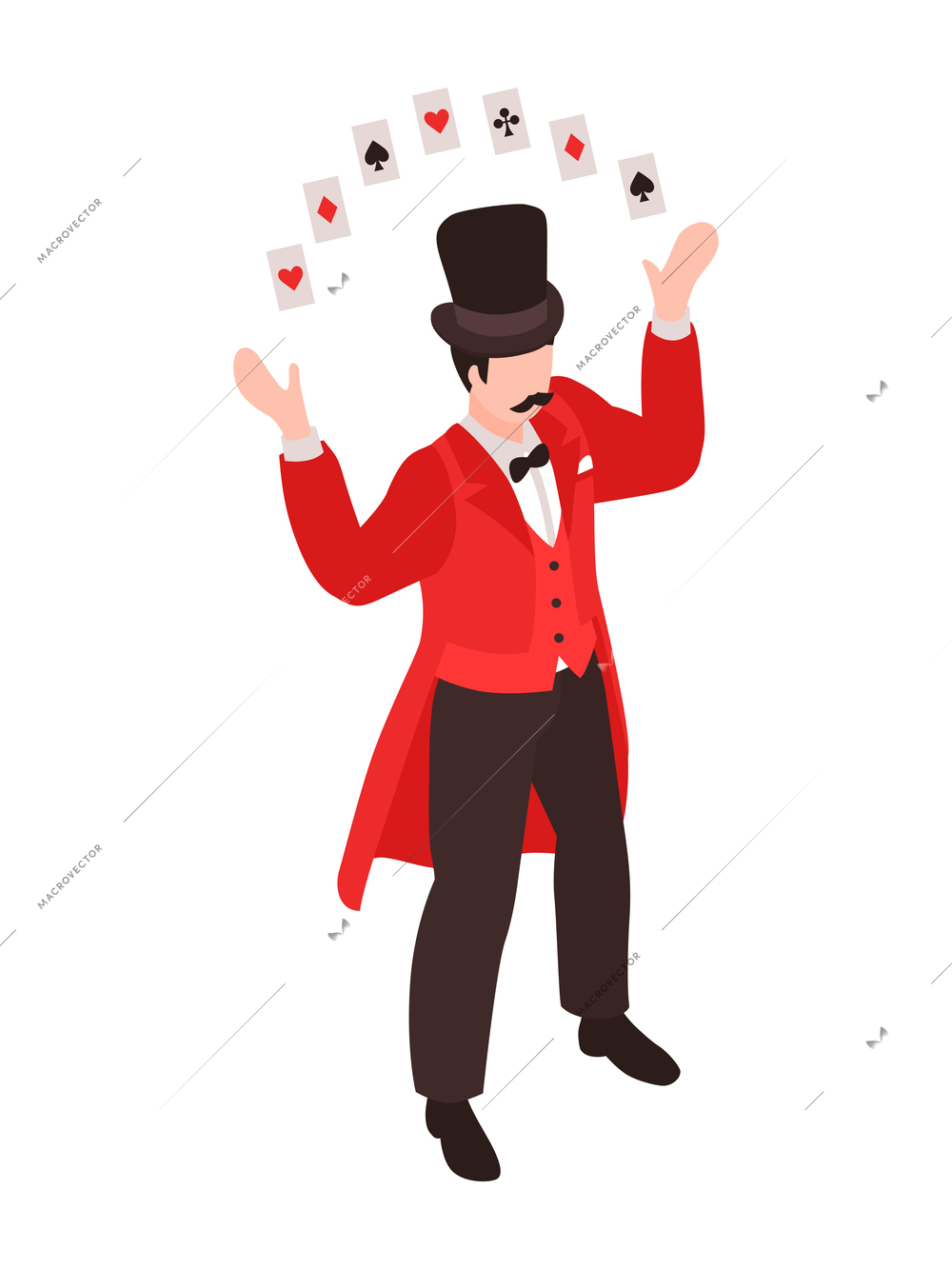 Isometric magician showing tricks focuses composition with human character raising hands with row of gaming cards vector illustration