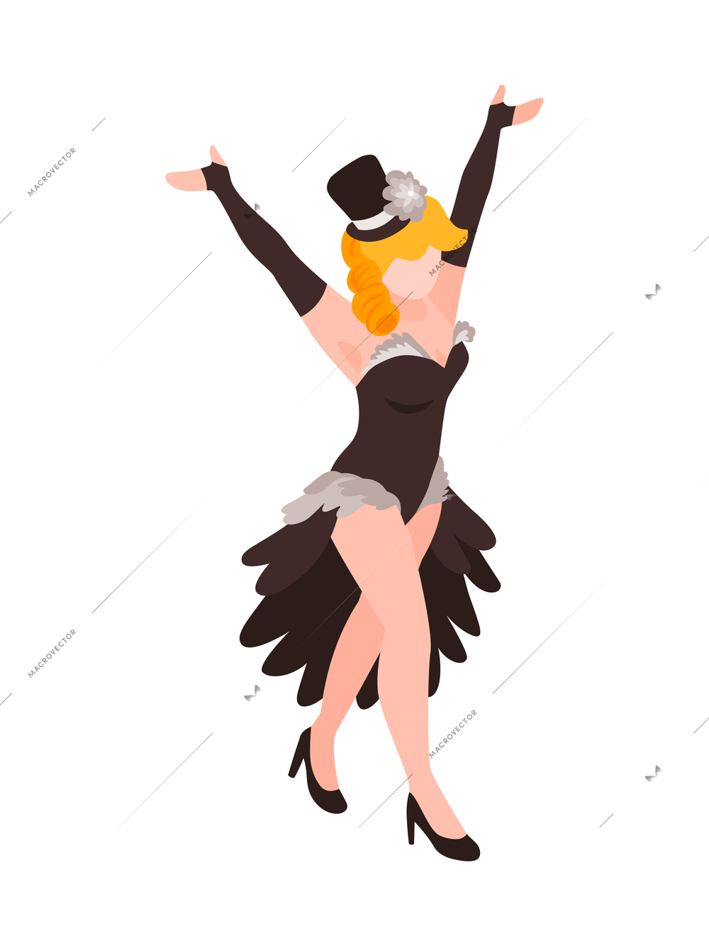 Isometric magician showing tricks focuses composition with character of pretty lady assistant of magician wearing black dress vector illustration