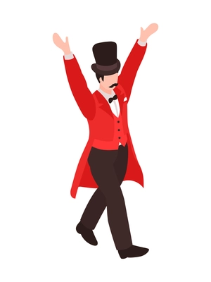 Isometric magician showing tricks focuses composition with character of man in red suite with moustache vector illustration