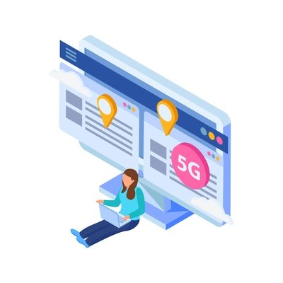 5g internet isometric composition with girl sitting with laptop and big desktop computer with screens vector illustration