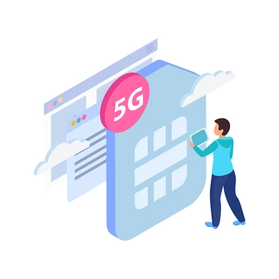 5g internet isometric composition with image of huge 5g ready sim card held by human character vector illustration