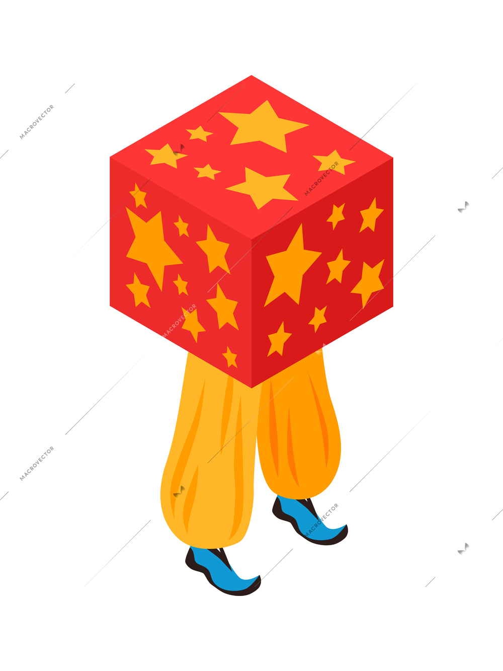 Isometric magician showing tricks focuses composition with legs of oriental magician and square box vector illustration