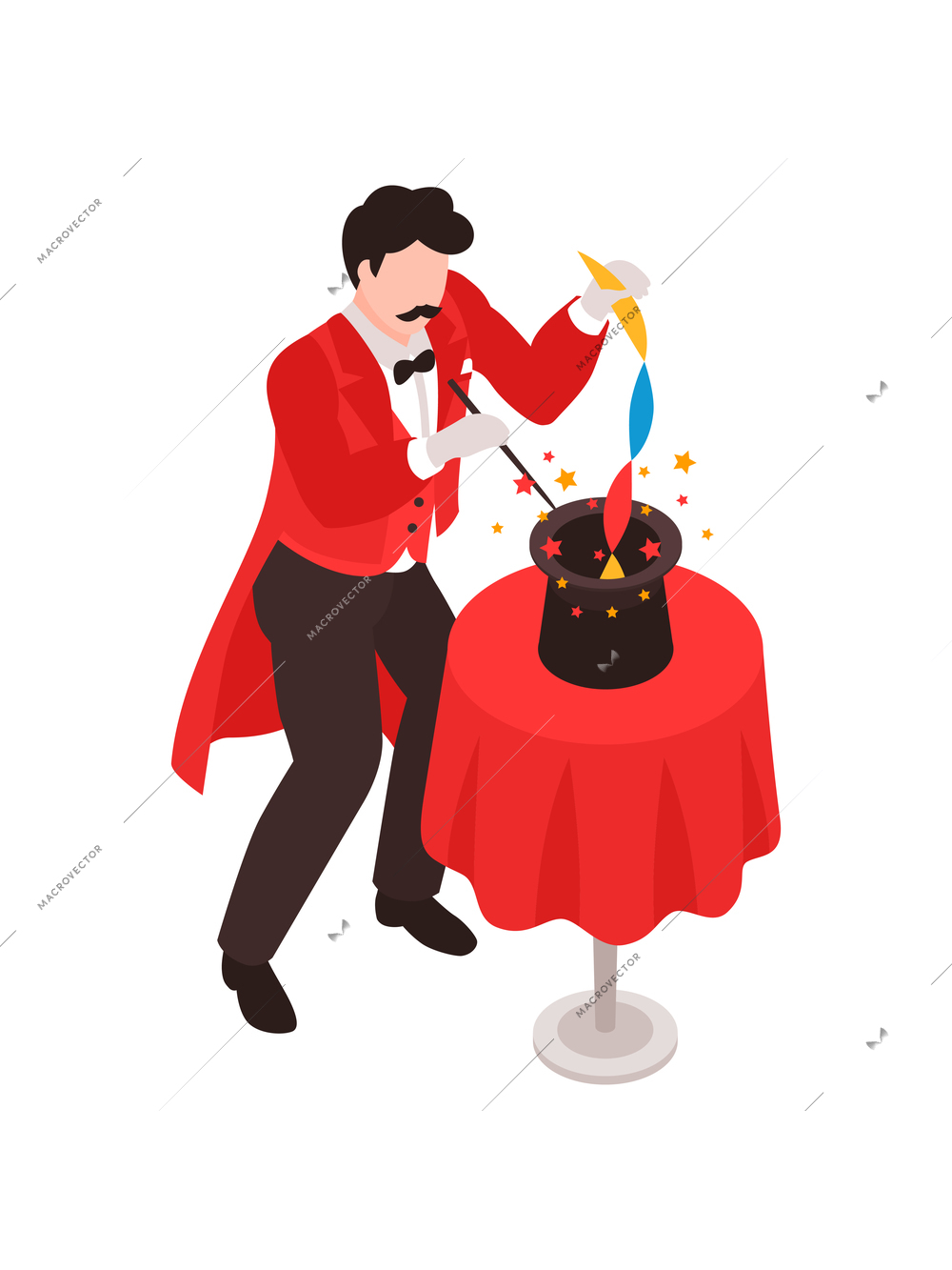 Isometric magician showing tricks focuses composition with character of vintage magician with stick and hat with colorful sparkles vector illustration