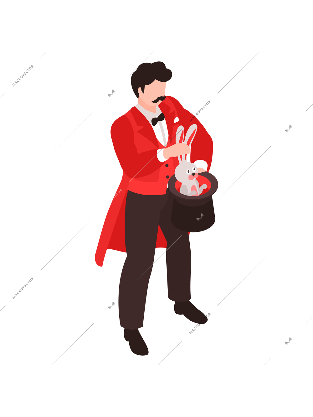 Isometric magician showing tricks focuses composition with human character holding bunny by ears inside hat vector illustration