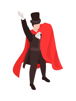 Isometric magician showing tricks focuses composition with human character wearing royal red gown and vintage hat vector illustration