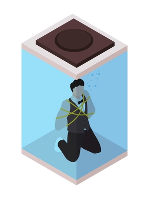 Isometric magician showing tricks focuses composition with isolated image of water tank with man tied up vector illustration