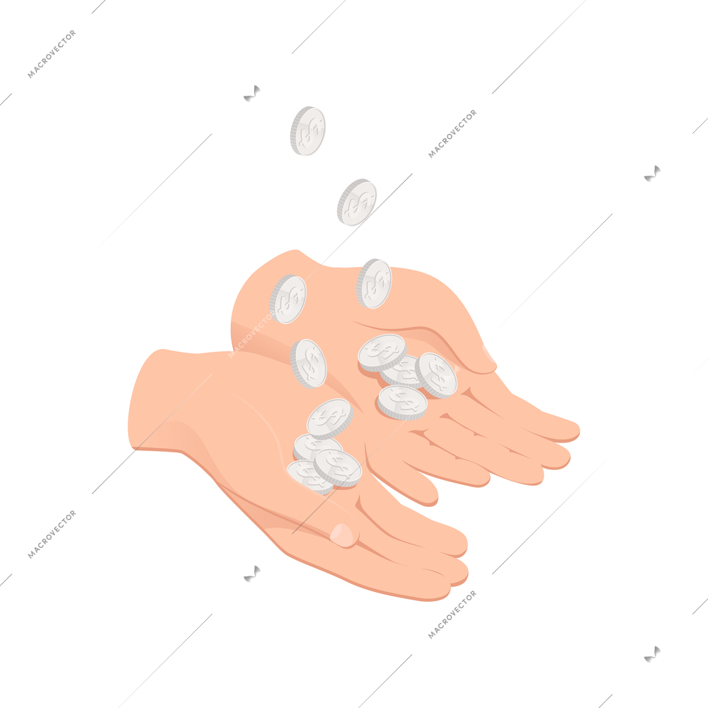 Wealth management isometric composition with images of silver coins falling into human hands vector illustration