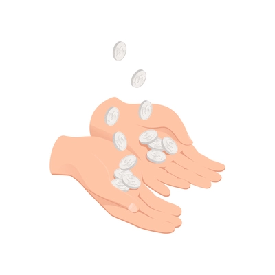 Wealth management isometric composition with images of silver coins falling into human hands vector illustration