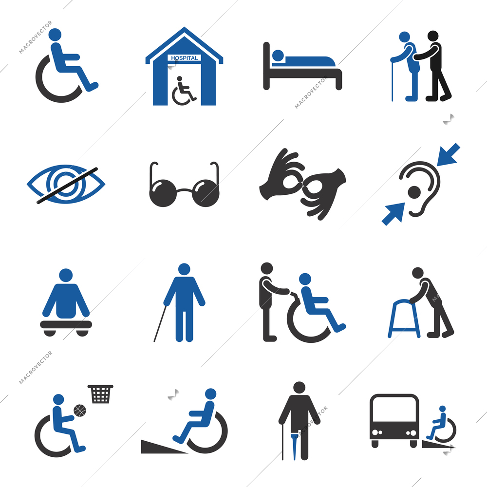 Disabled people care help assistance and accessibility icons set isolated vector illustration