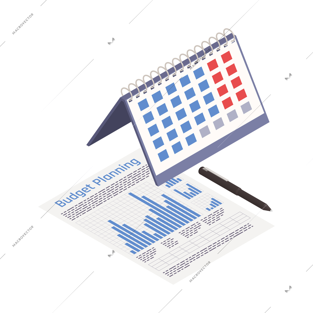 Wealth management isometric composition with isolated images of desktop calendar and paper sheet with bar charts vector illustration