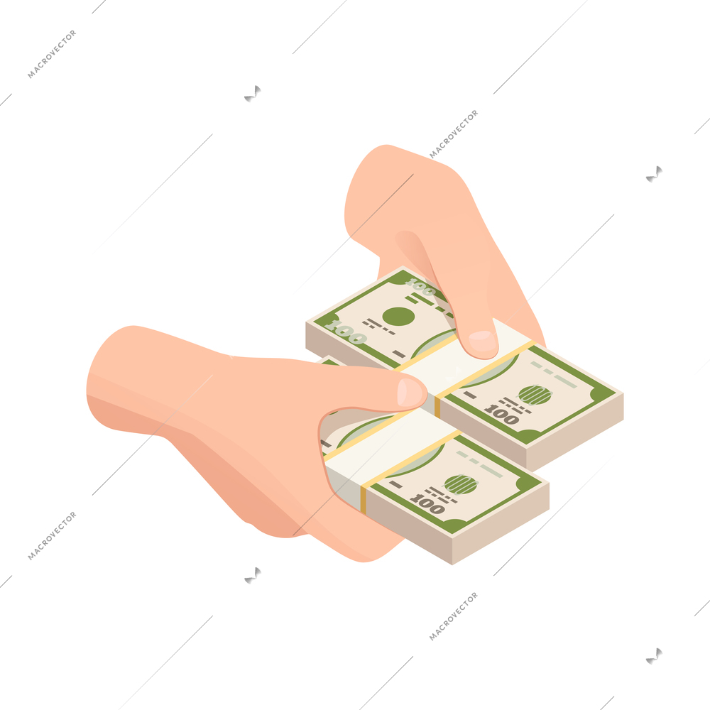 Wealth management isometric composition with human hands holding stacks of banknotes vector illustration