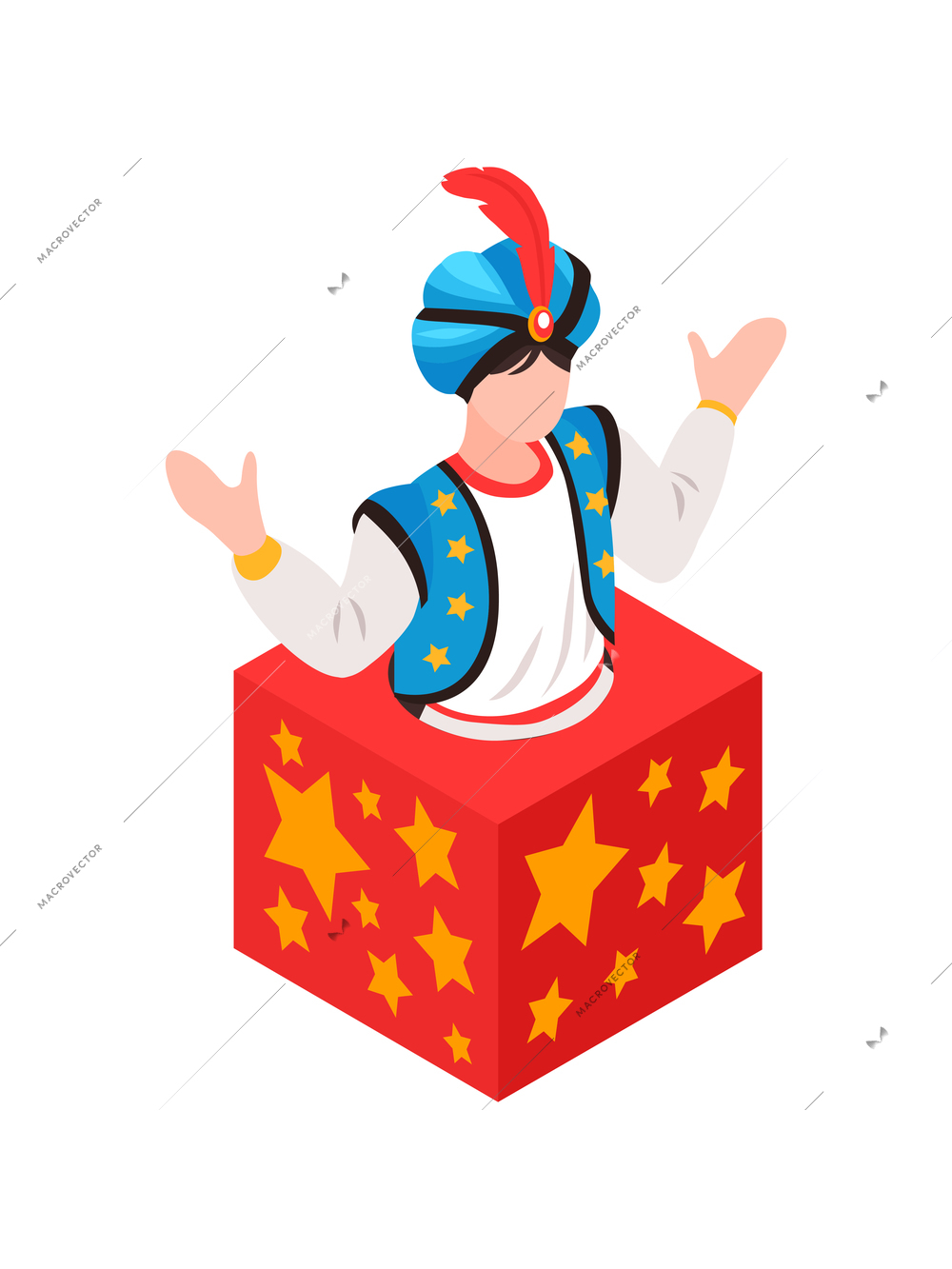 Isometric magician showing tricks focuses composition with human character of oriental magician sitting inside small box vector illustration