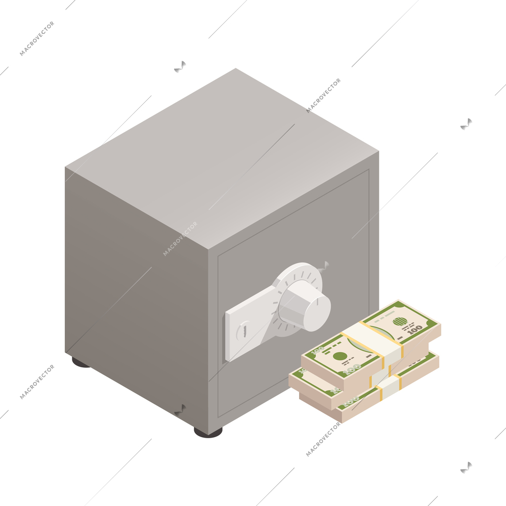 Wealth management isometric composition with isolated image of safe box and stack of dollar banknotes vector illustration