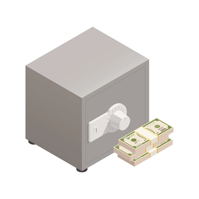 Wealth management isometric composition with isolated image of safe box and stack of dollar banknotes vector illustration