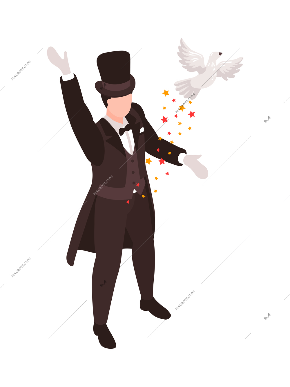 Isometric magician showing tricks focuses composition with human character and flying dove vector illustration