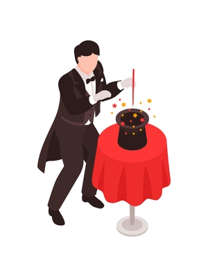 Isometric magician showing tricks focuses composition with human character holding magic wand and hat vector illustration