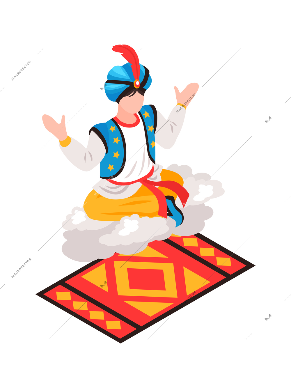 Isometric magician showing tricks focuses composition with human character of oriental magician flying on carpet vector illustration