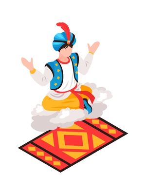 Isometric magician showing tricks focuses composition with human character of oriental magician flying on carpet vector illustration