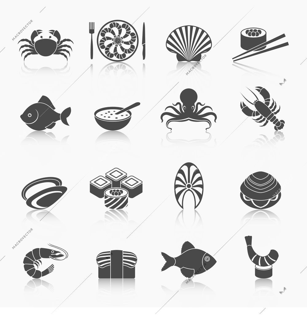 Seafood fish menu restaurant icons set black with soup octopus crawfish isolated vector illustration