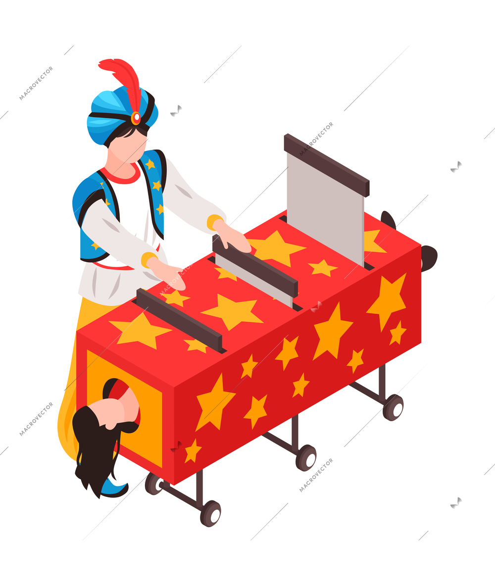 Isometric magician showing tricks focuses composition with character of oriental magician cutting box with female assistant vector illustration